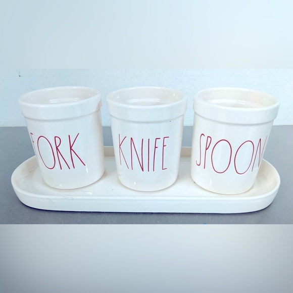 RAE DUNN ceramic kitchen/dining utensil holders 4 piece set FORK KNIFE SPOON red - Picture 1 of 1
